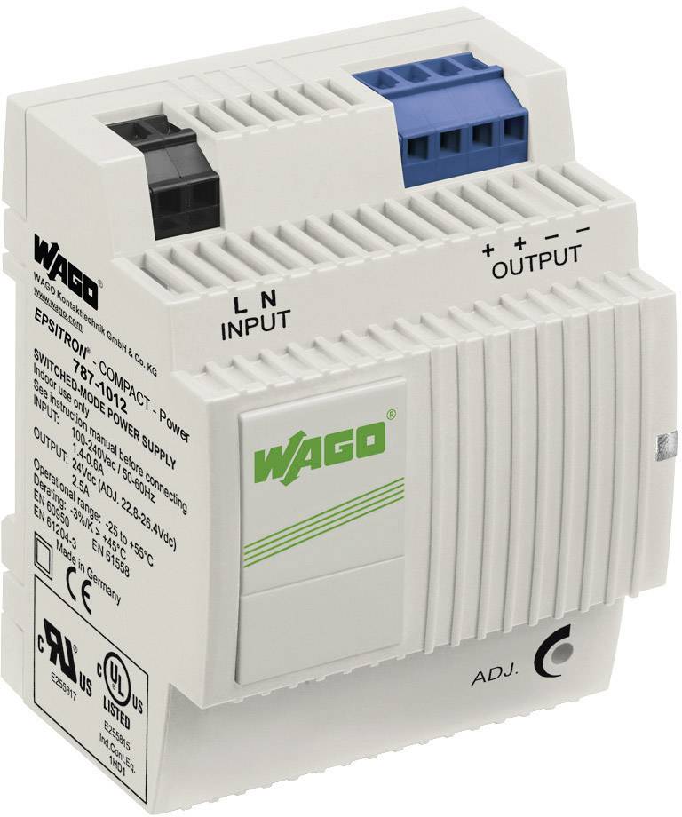 A white WAGO EPSITRON COMPACT power supply with blue and black connection terminals. 'INPUT' is labelled on the left, 'OUTPUT' on the right.
