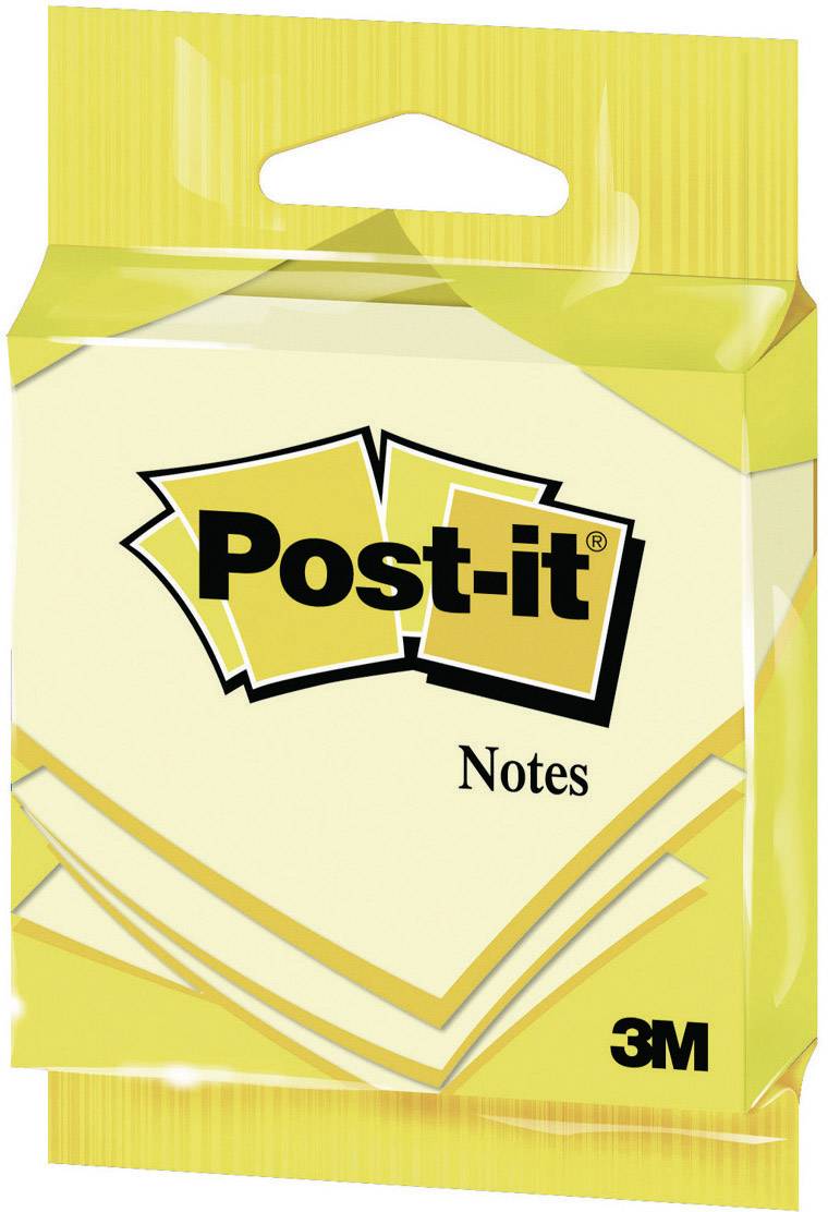 Yellow packaging with 'Post-it Notes' text and 3M logo. Contains yellow-coloured sticky notes.