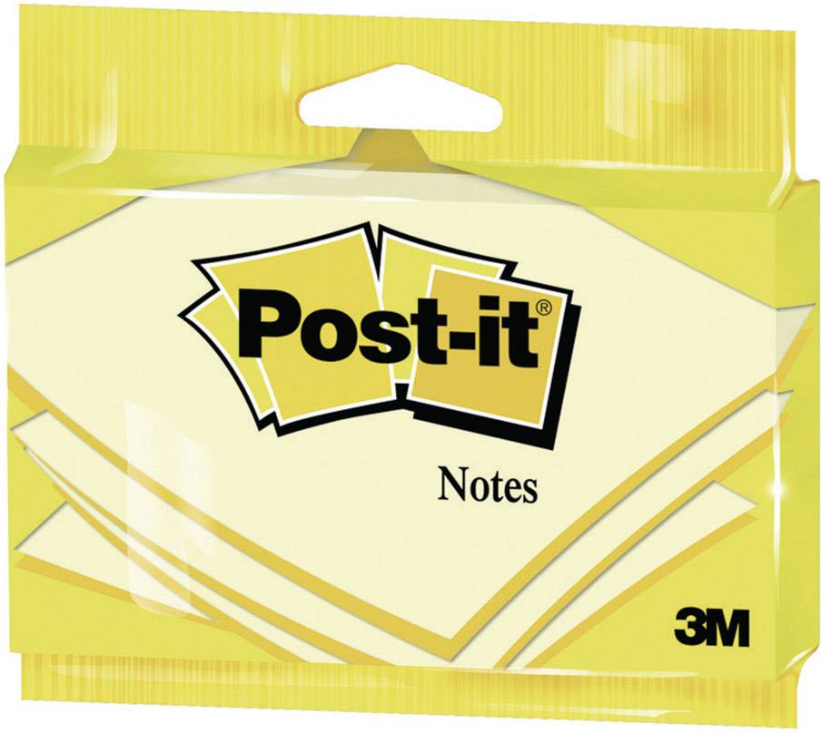 Yellow Post-it note pads in packaging featuring the 'Post-it' logo and 'Notes' inscription. Brand name '3M'. Office supplies for taking notes.