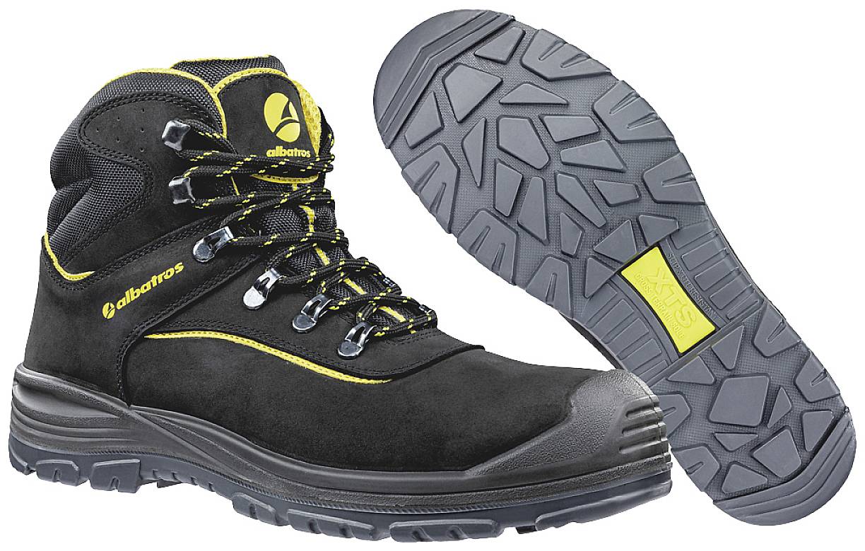 Black work shoe with yellow accents and robust profile, suitable for industrial environments. The 'Albatros' brand is visible.