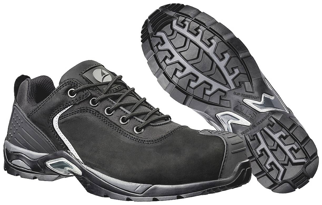 Black, robust safety shoes with a non-slip sole and laces, suitable for work environments.
