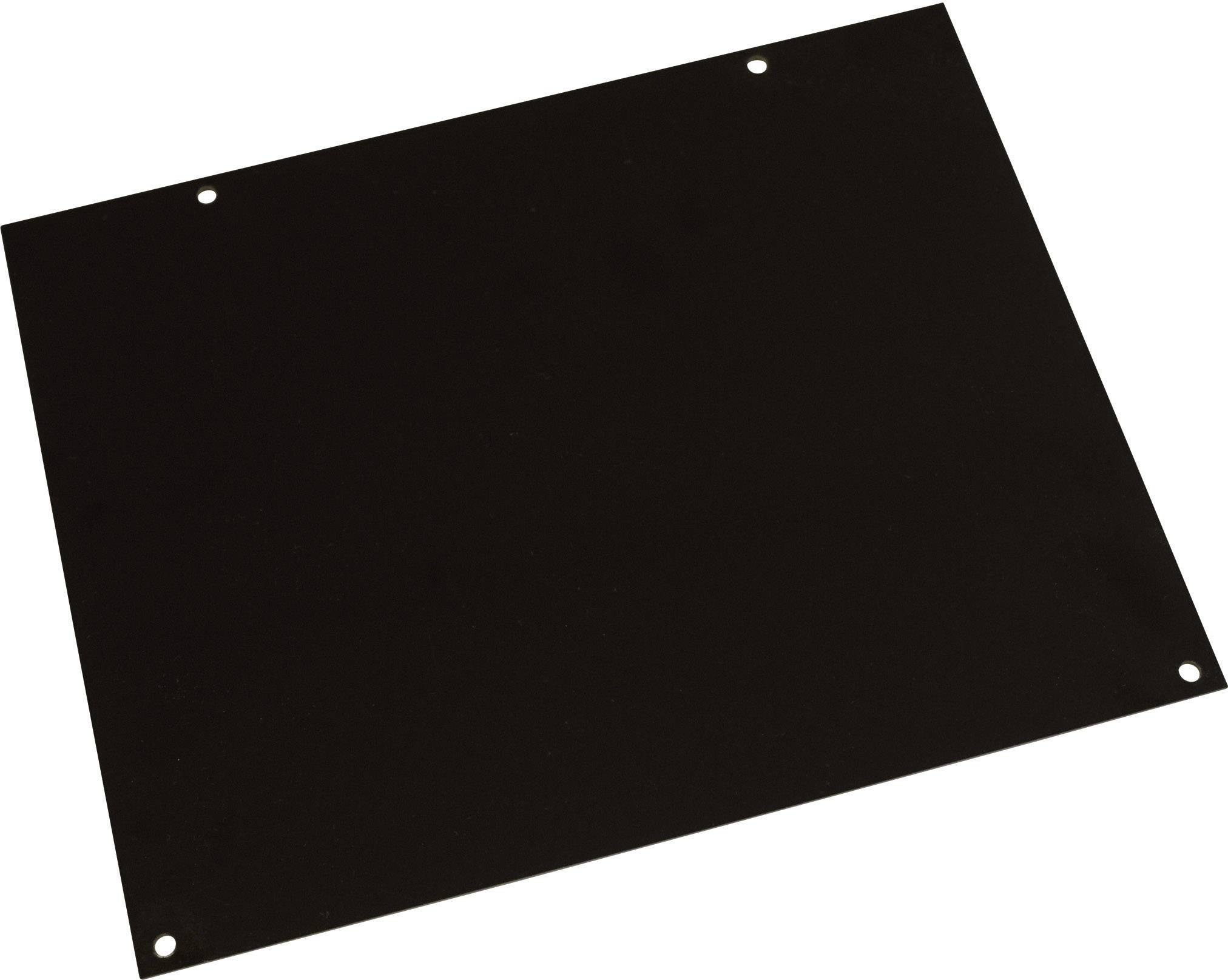 A rectangular black metal plate with four holes at the corners, set against a white background.