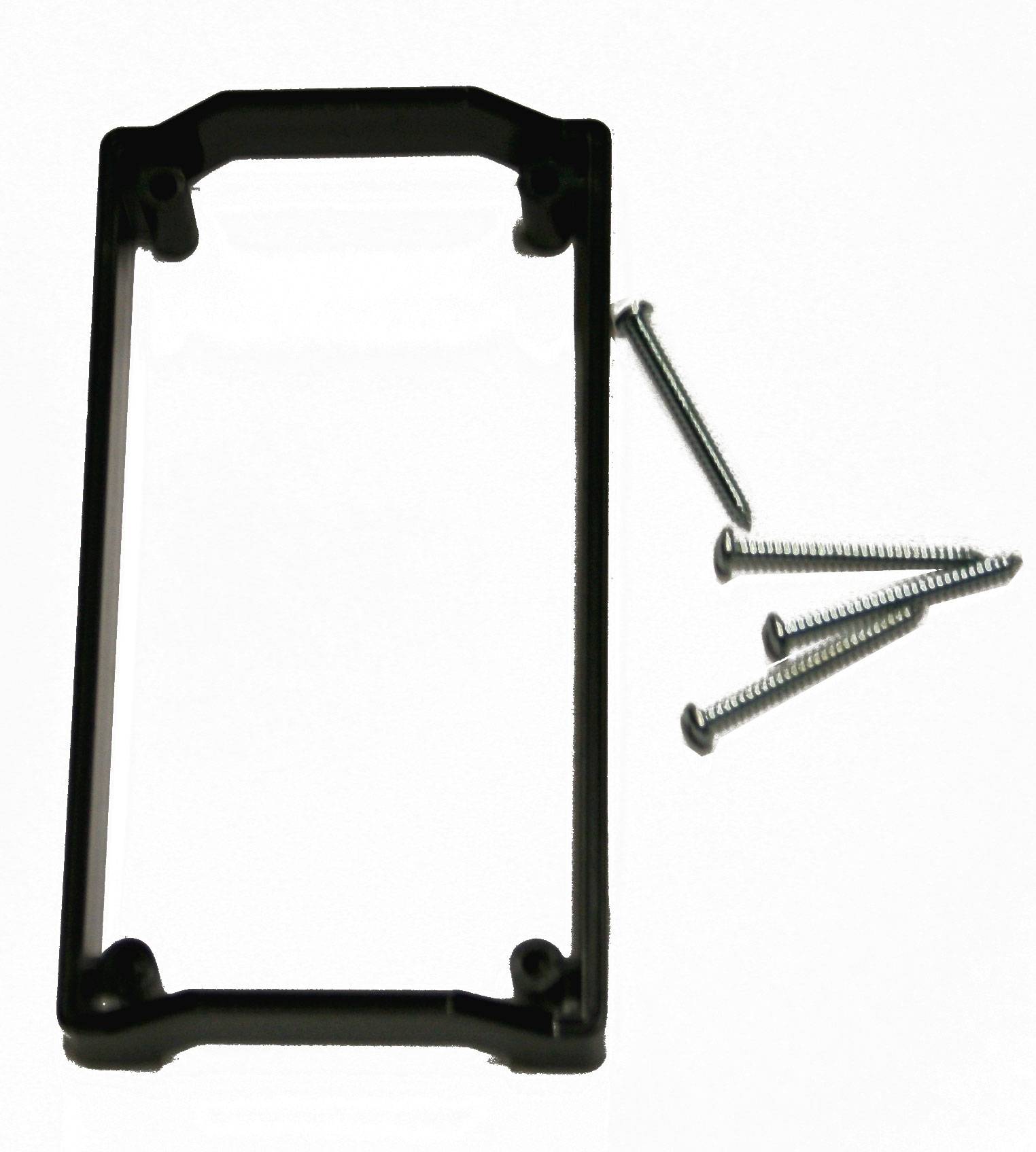 Black rectangular bracket with four screw holes, with four silver screws lying beside it.