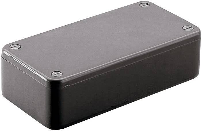 Black, rectangular housing with rounded corners and four screws at the corners.
