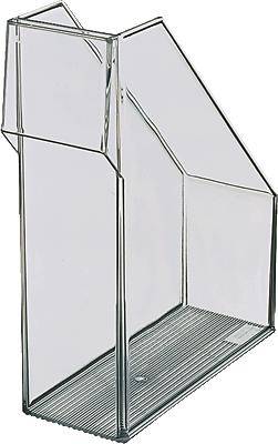 Transparent plastic magazine holder, suitable for storing documents, magazines, or brochures.