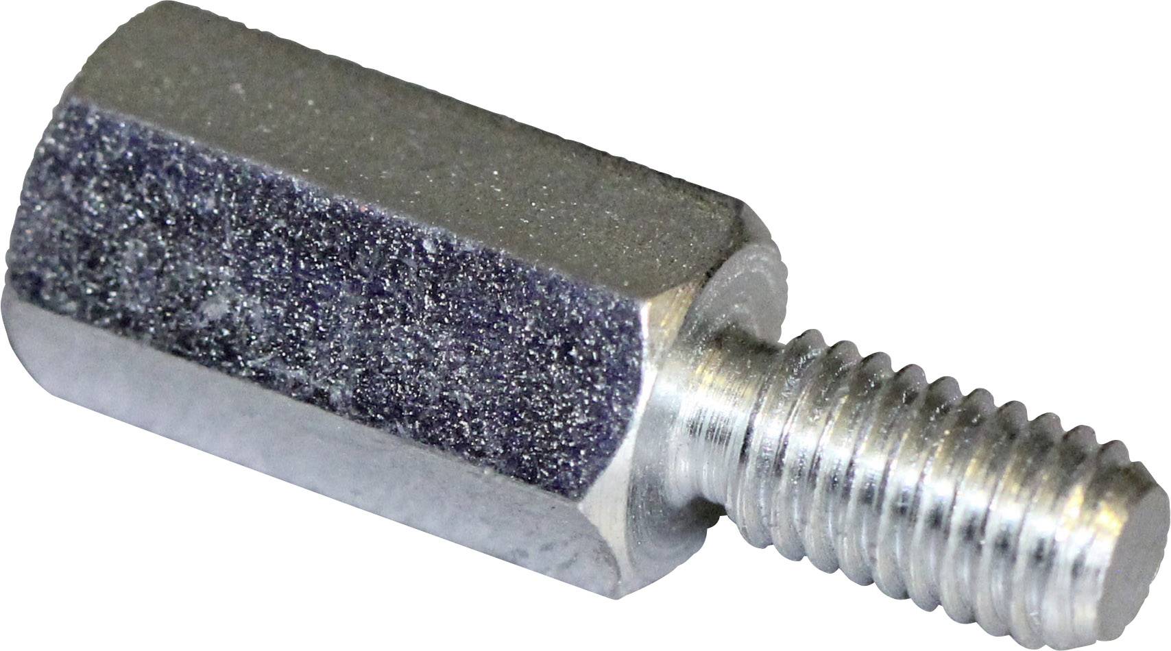 A metallic spacer with a hexagonal body and a threaded bolt, used for connecting components.