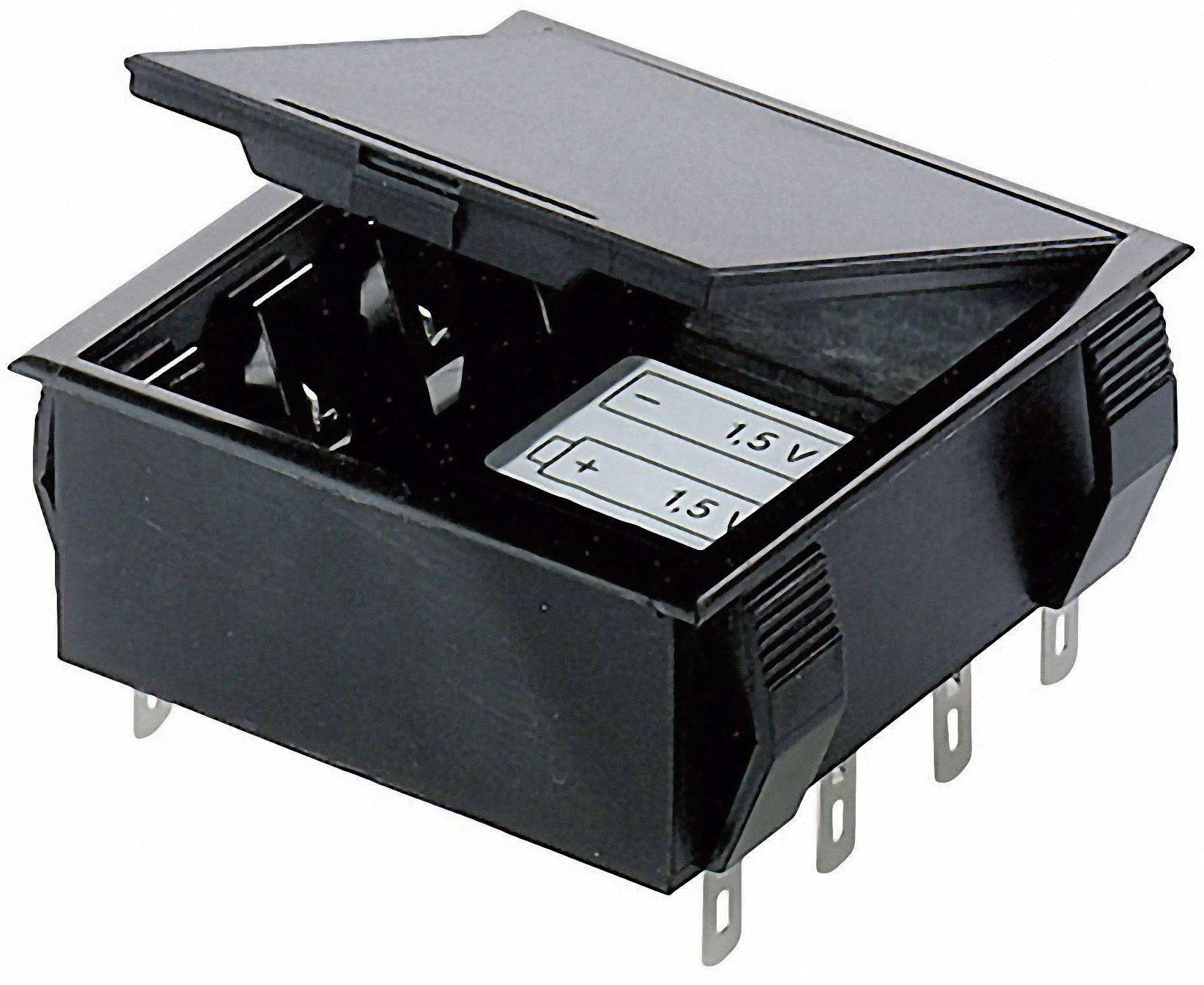 A black battery holder with an open lid, designed to accommodate two AA batteries. The positive and negative terminals are clearly marked.