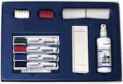 Blue box with various office supplies: whiteboard eraser, colourful felt-tip pens, cleaning spray and sponge.