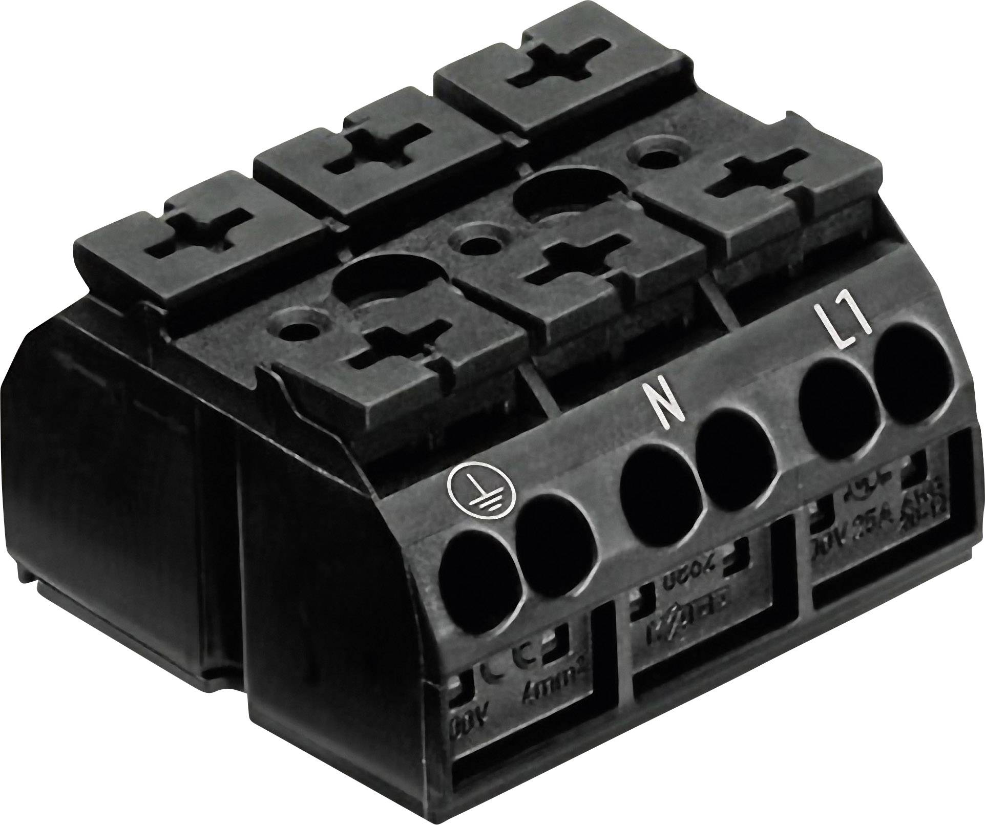 Black electrical connection block with five connection openings, labelled with symbols for earth, neutral (N) and live (L1).