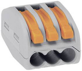 A grey, triple cable clamp with orange levers for securely connecting wires.