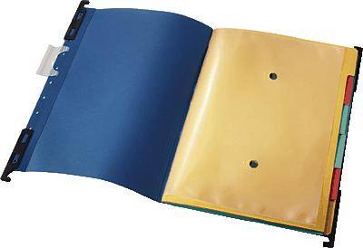 An open folder with yellow and blue files and colourful dividers, ready for document filing.