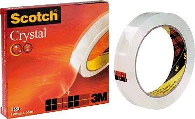 Packaging and roll of 'Scotch Crystal' adhesive tape, 10m x 19mm. Packaging displays red-orange colours and logo.