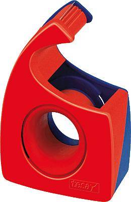 Red and blue plastic tape dispenser suitable for small tape rolls.