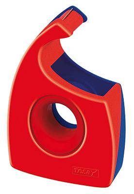 Red tape dispenser with a circular opening in the middle and a blue interior surface, suitable for office organisation.