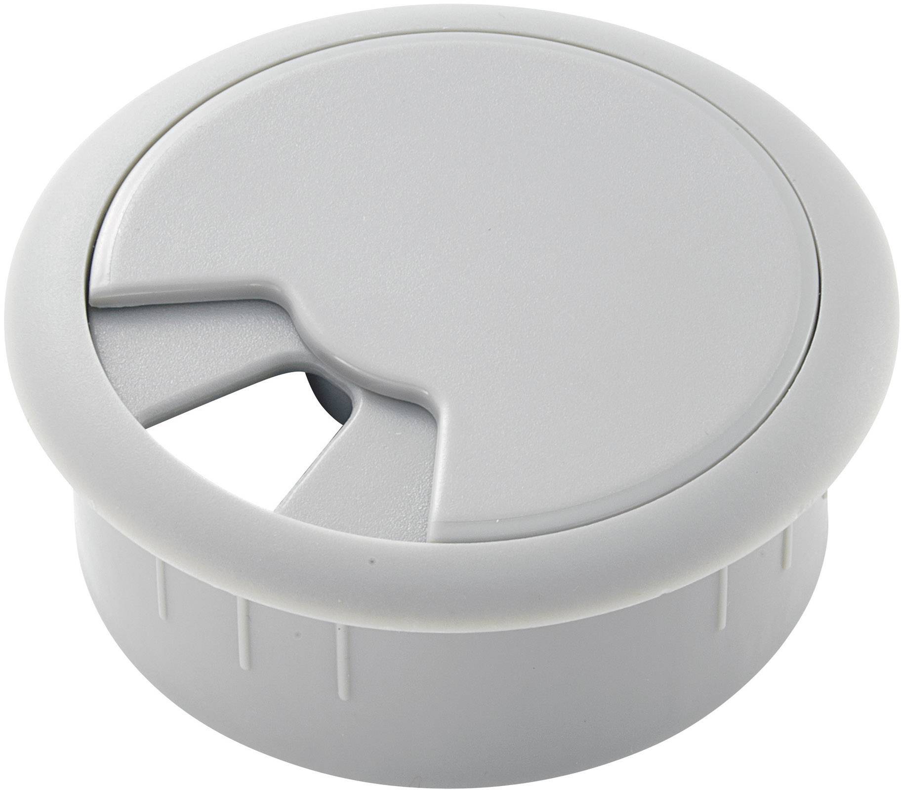 Grey plastic cable grommet with removable cover, suitable for desks, for tidy cable management.