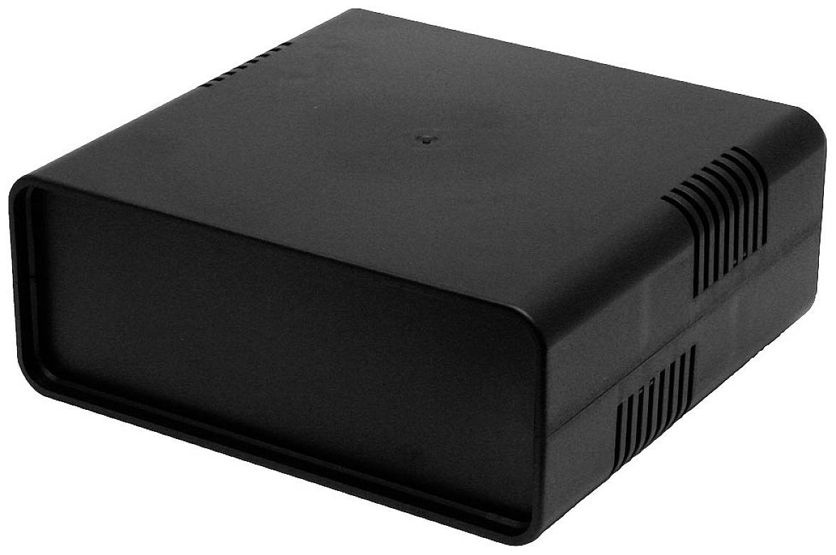 Black, rectangular electronic enclosure with rounded corners and ventilation slots on the sides.