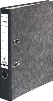 A black ring binder with two metal rings and a white label on the side. Suitable for archiving documents.