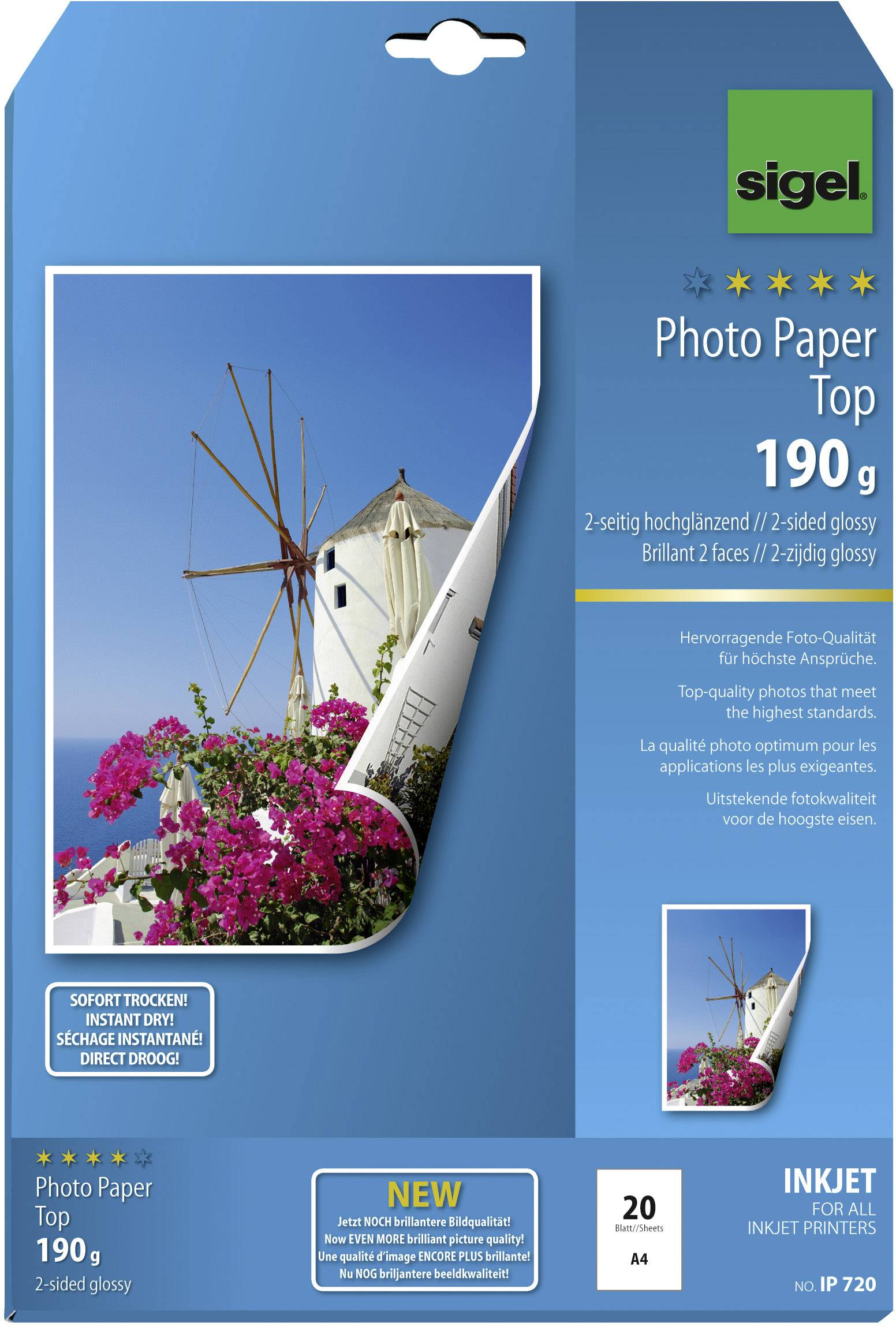 Photo Paper Top 190 gsm, Double-Sided Glossy, 20 Sheets, A4. Excellent Photo Quality, Quick-Drying, Brilliant Colours.