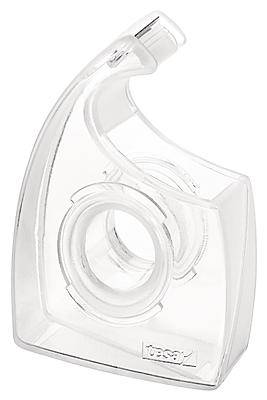 Transparent plastic tape dispenser, empty, viewed from the side.