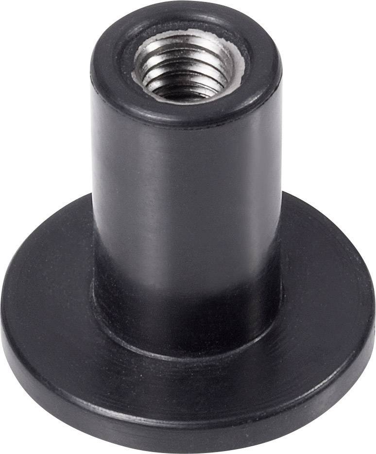 Black plastic component with a cylindrical shape and threaded opening at the top, used for receiving screws.