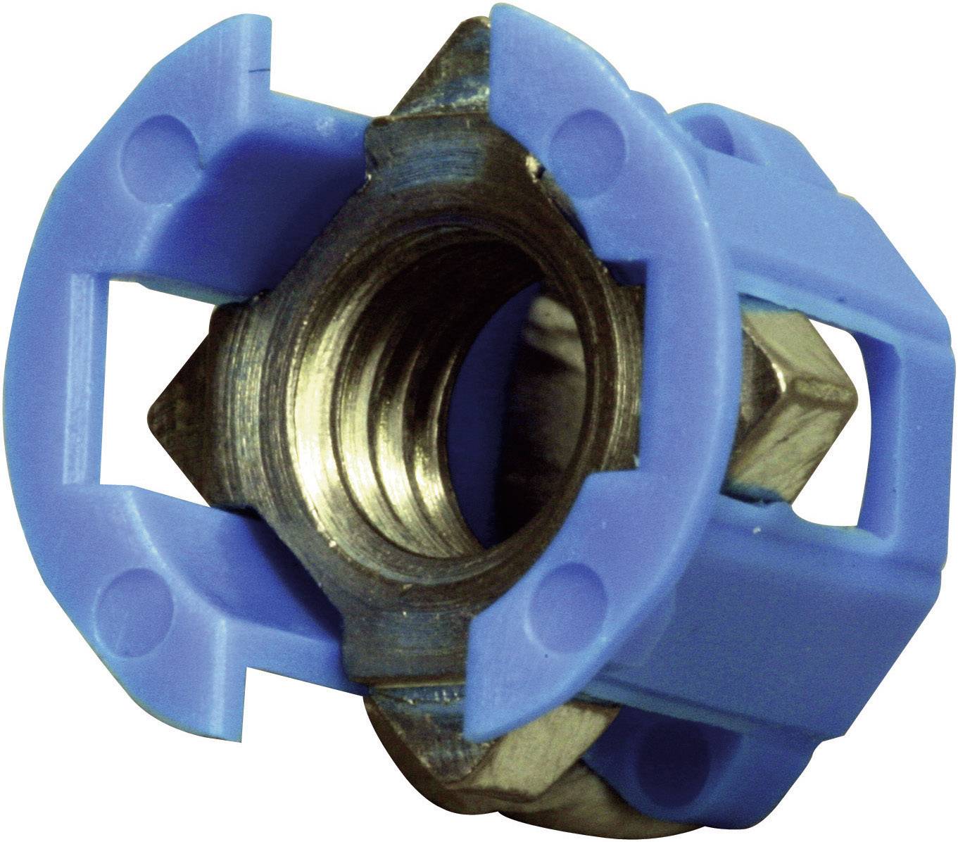 Blue plastic component with integrated metal nut, potentially part of a fixing system or device.