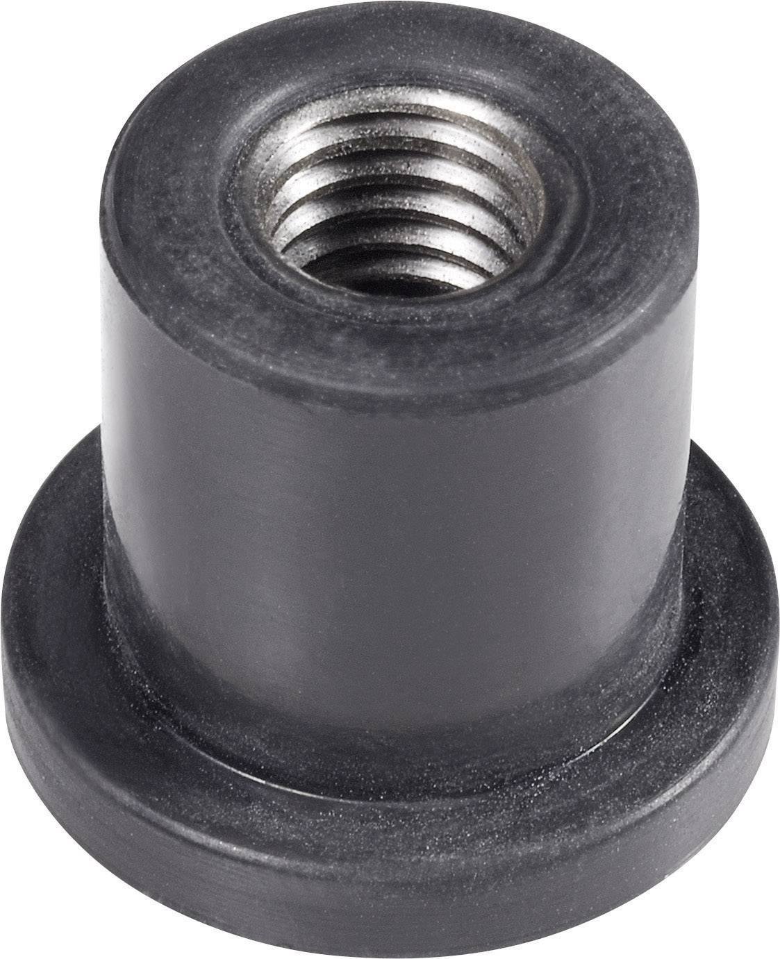 Black, cylindrical plastic component with a central, internal metal thread. Suitable for fixing or mounting.