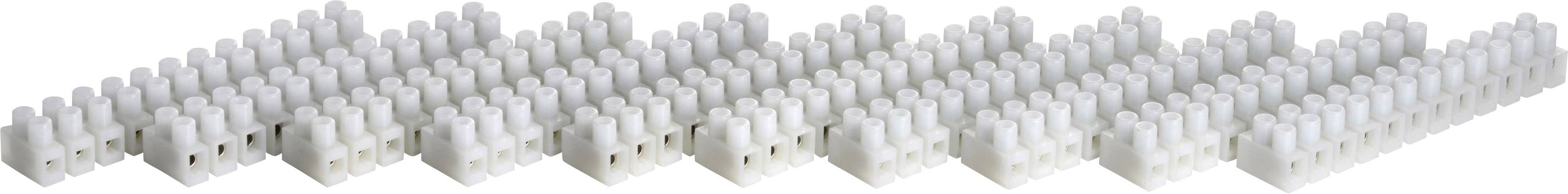 Several white cable clips are arranged in a row. They are used for electrical connection and insulation of cables.