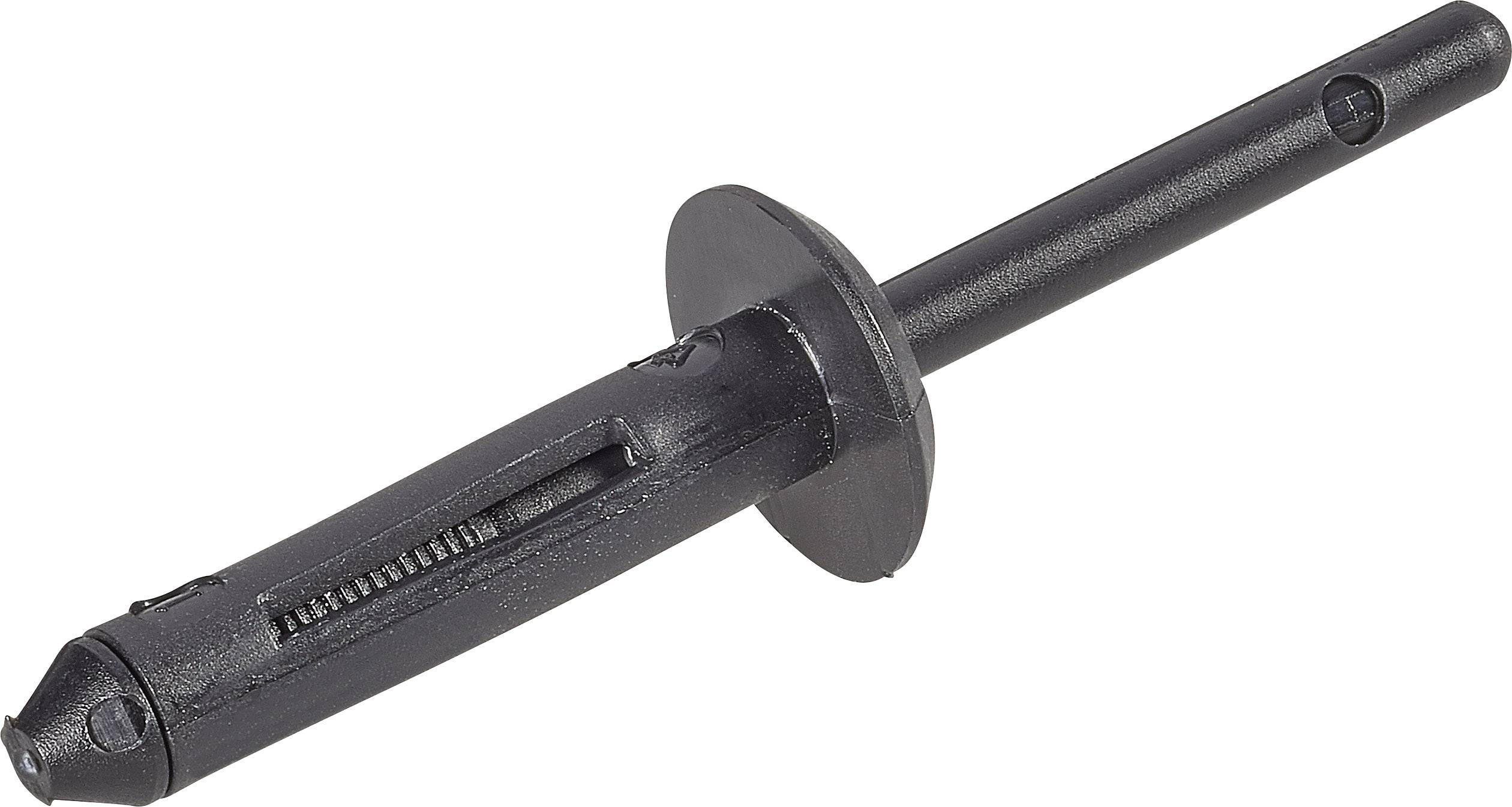 A black plastic wall plug with a flange, used for fixing into walls. It has a smooth surface and a slender shaft.