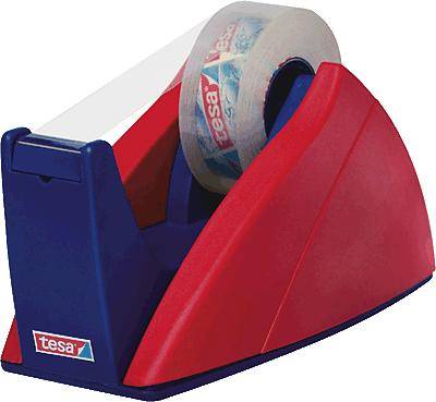 Red and blue tape dispenser with transparent adhesive tape on a roll, marked with 'tesa'.
