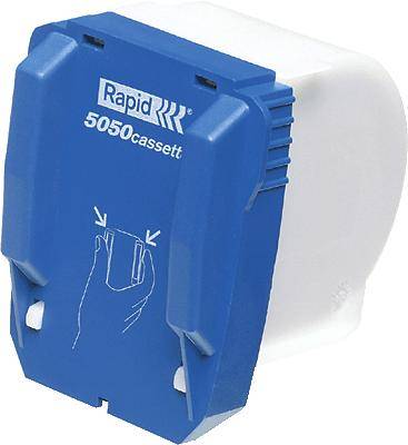 Blue Rapid staple cartridge with hand image and arrow, indicating the insertion process.