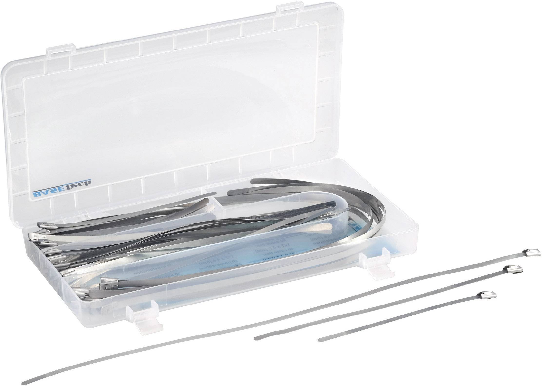 A plastic case contains several black cable ties, some of which have been removed and placed to the right of the case.