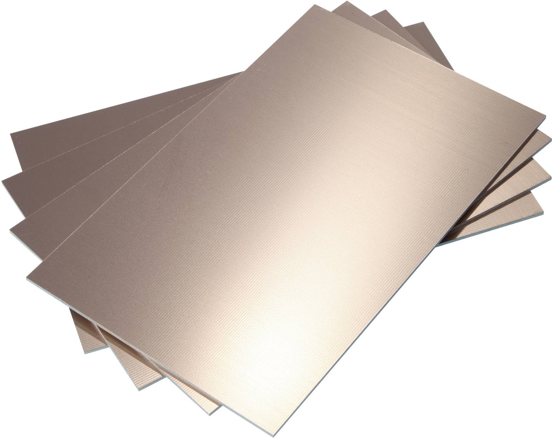 Several thin rectangular copper plates arranged in a fan shape on a white background.