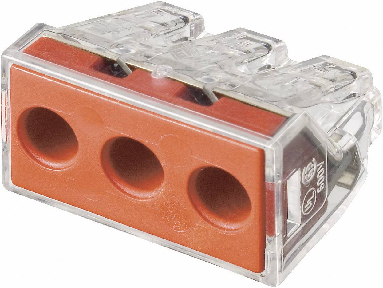 A transparent connection terminal with three orange slots, typically used for electrically connecting wires.