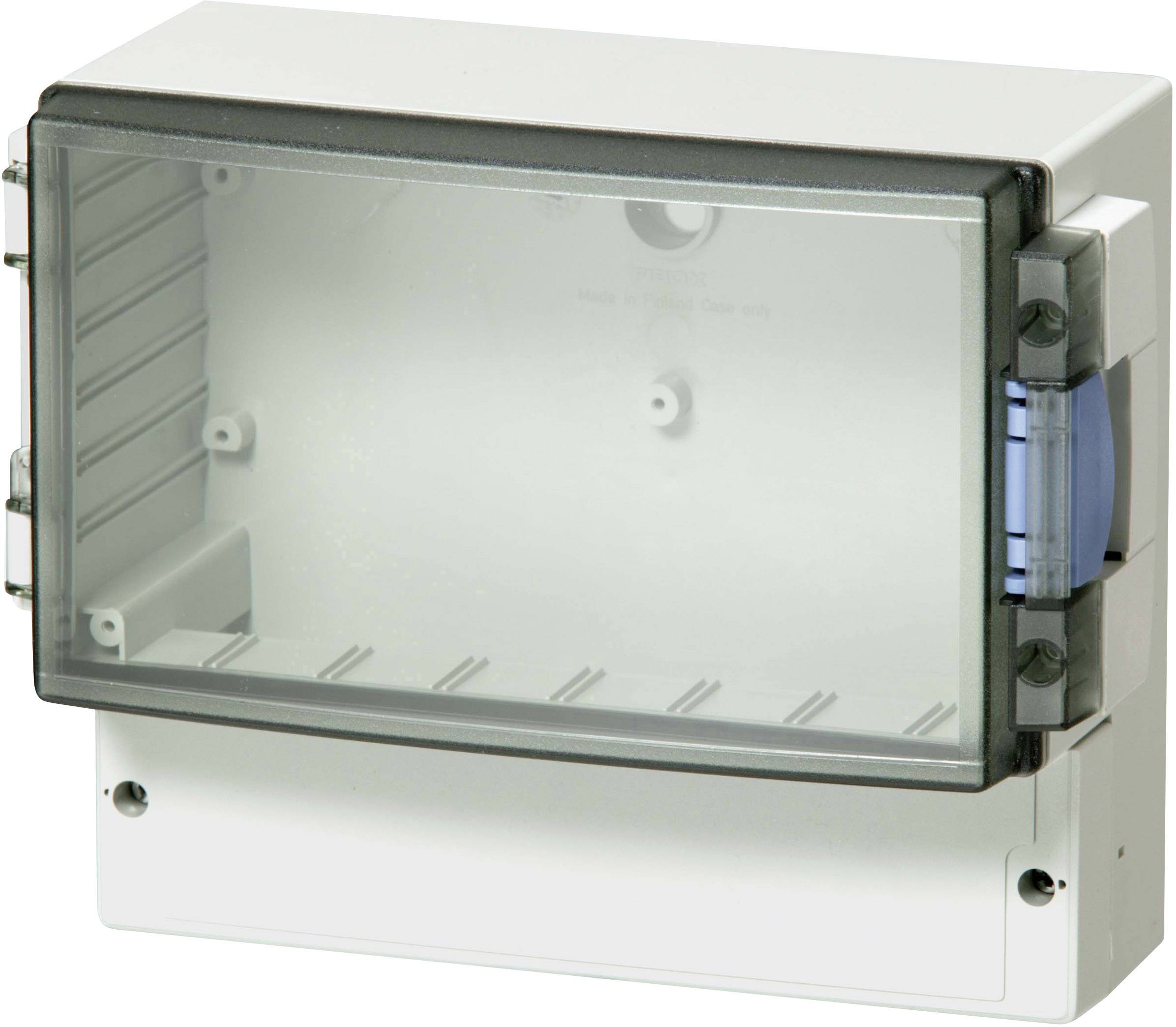 Rectangular plastic box with transparent lid, suitable for secure storage or electrical installations.