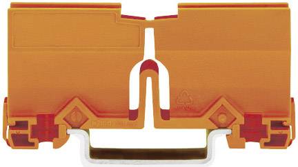 An orange plastic terminal connector, symmetrically designed, with a metal clip on the underside, used for electrical connections.