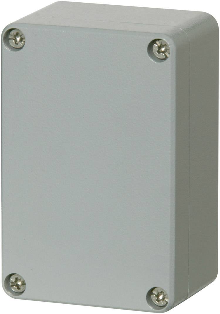 Rectangular grey electronics enclosure with rounded edges and four screws at the corners for mounting.