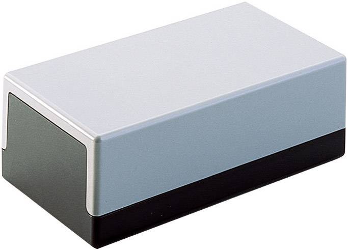 Rectangular, two-tone box with a smooth surface. It has a light upper section and a dark lower section.