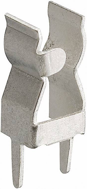 Metal strip mounting clip with two pins. Used to securely attach components to a surface.