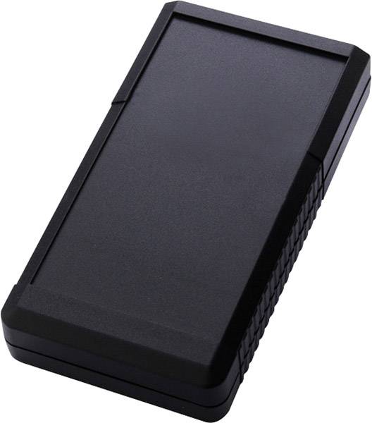 A black, rectangular plastic enclosure, possibly intended for electronic devices, lies on a white background.