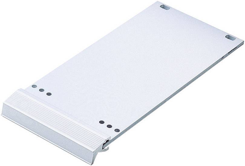 Silver aluminium base plate with rounded edges and four small mounting holes at the corners.