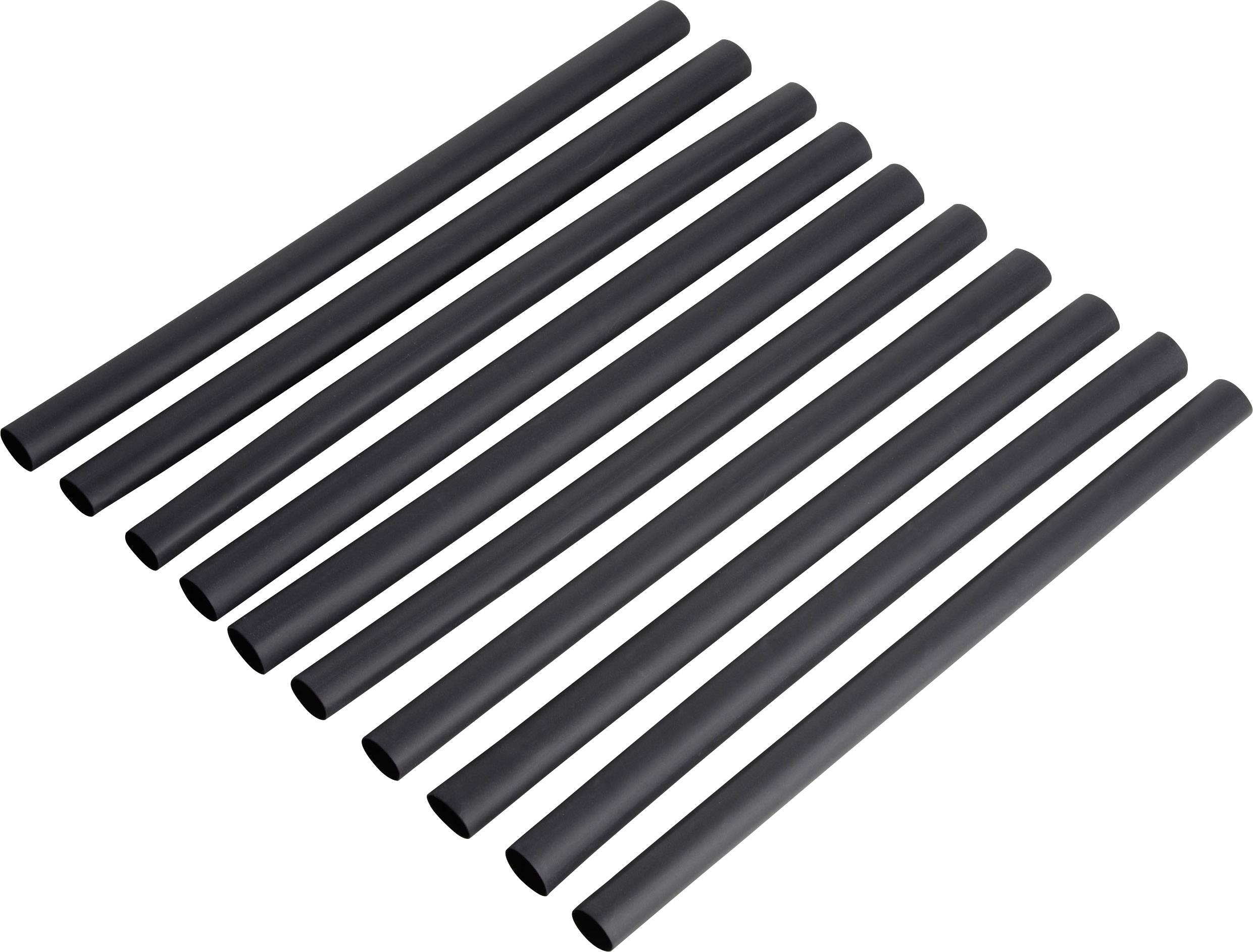 Black plastic tubes arranged uniformly side by side on a white background.