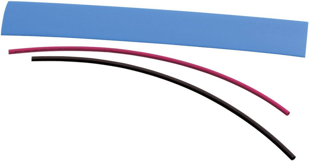 Three heat-shrink tubes of different colours: a blue, a red and a black one, side by side on a white background.