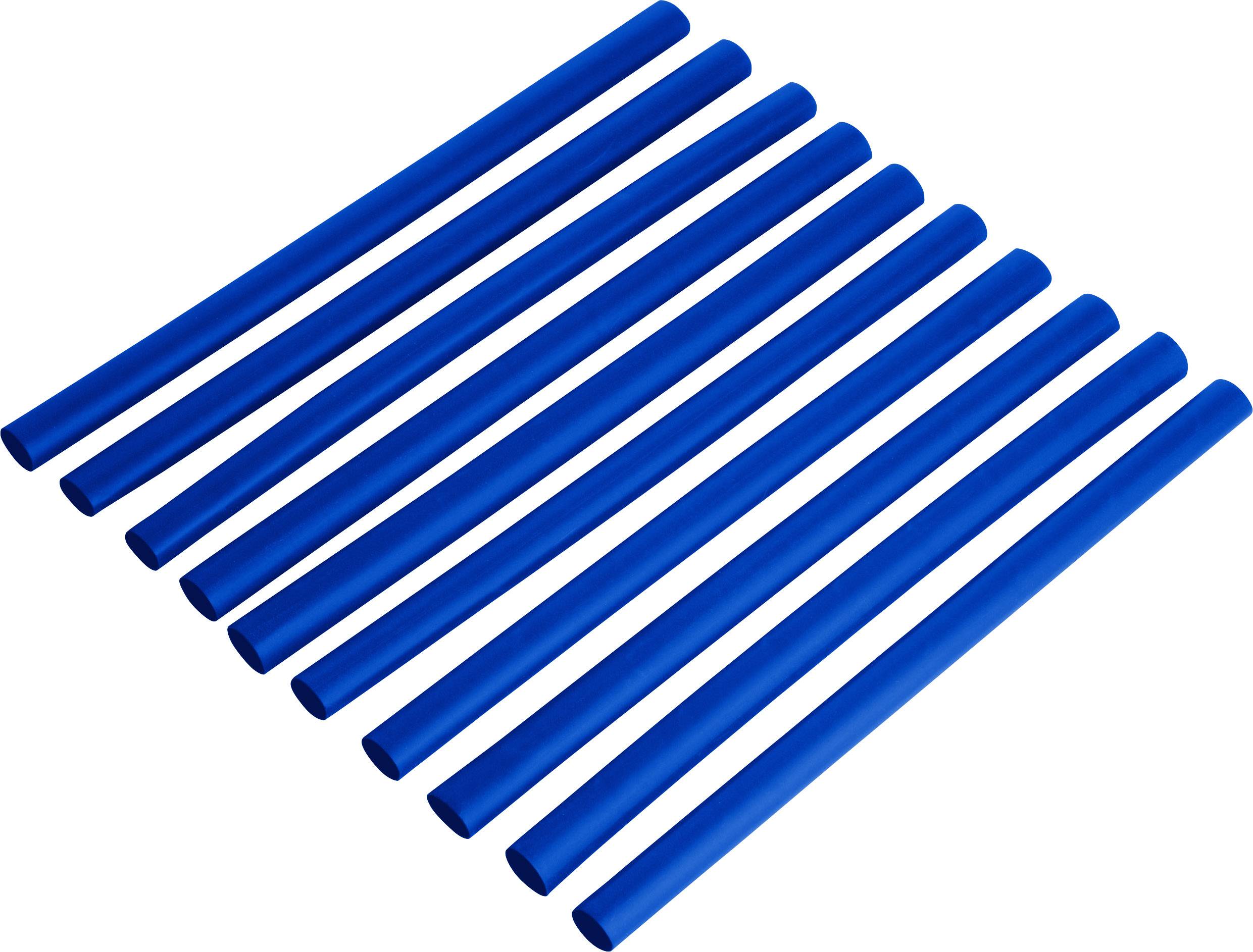 Ten blue tubes of equal length lie parallel to each other on a white surface.