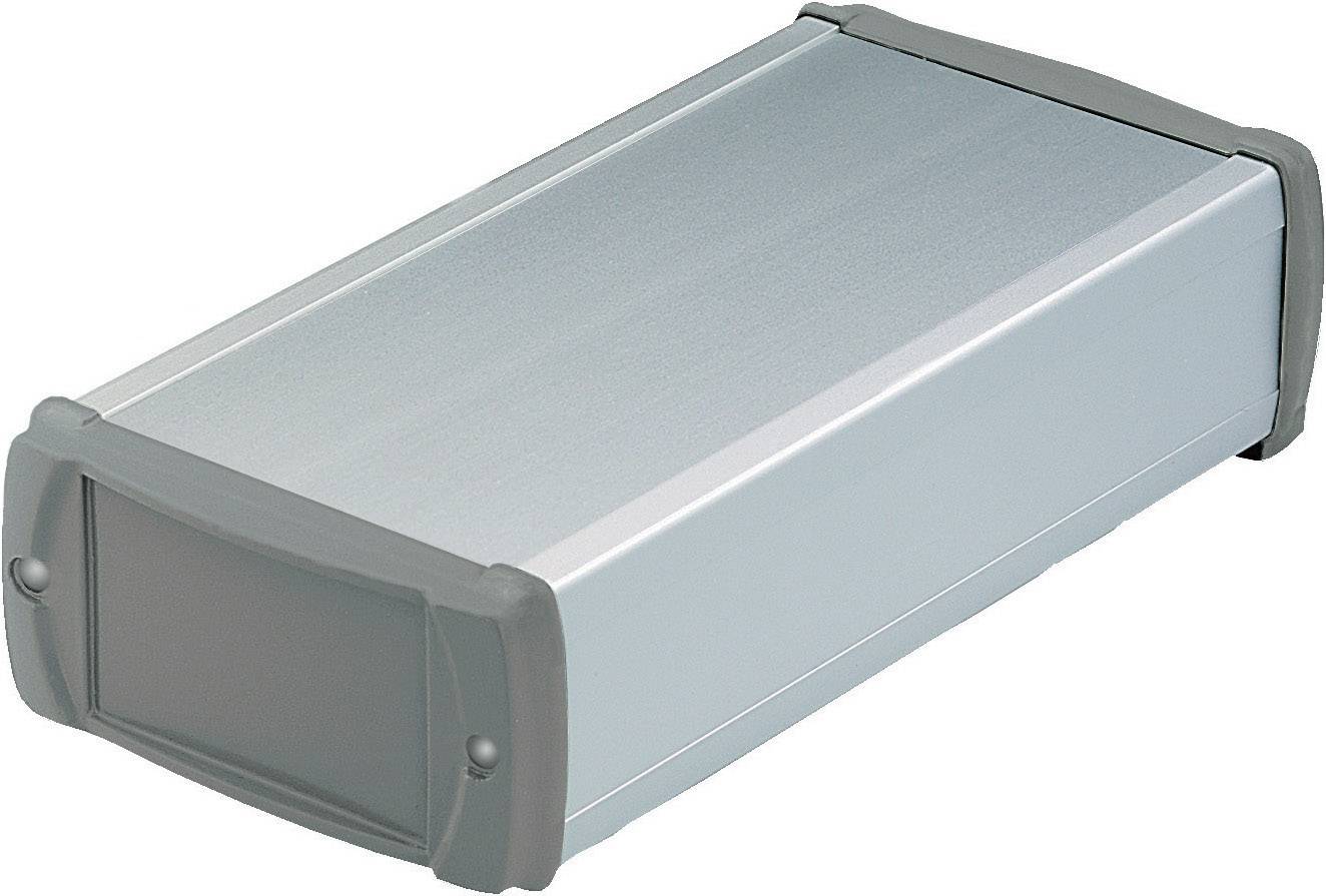 Metal enclosure with plastic end caps, suitable for electronic devices or DIY projects.