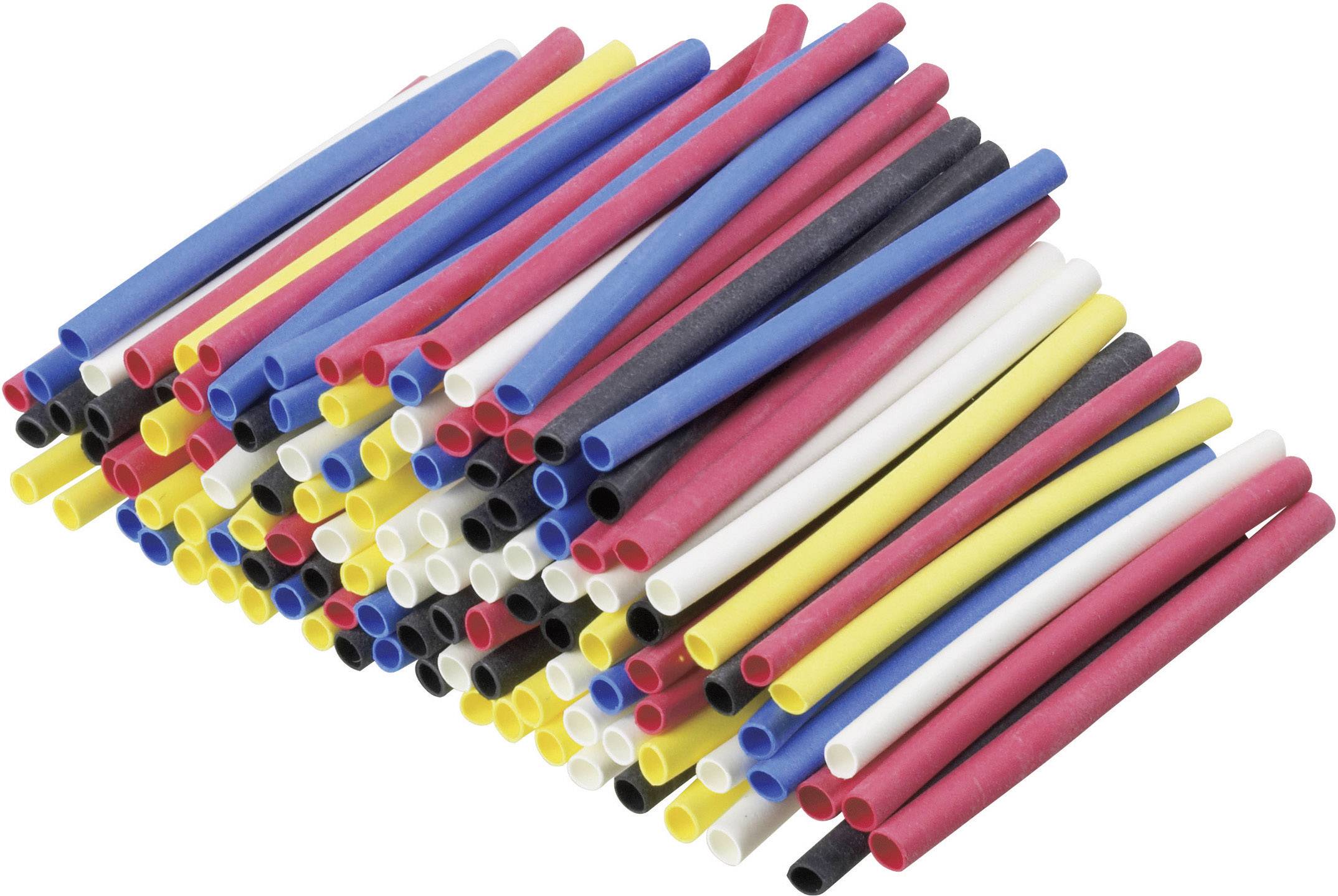 A stack of colourful insulation sleeves in various colours, including red, blue, yellow, black and white, neatly arranged.