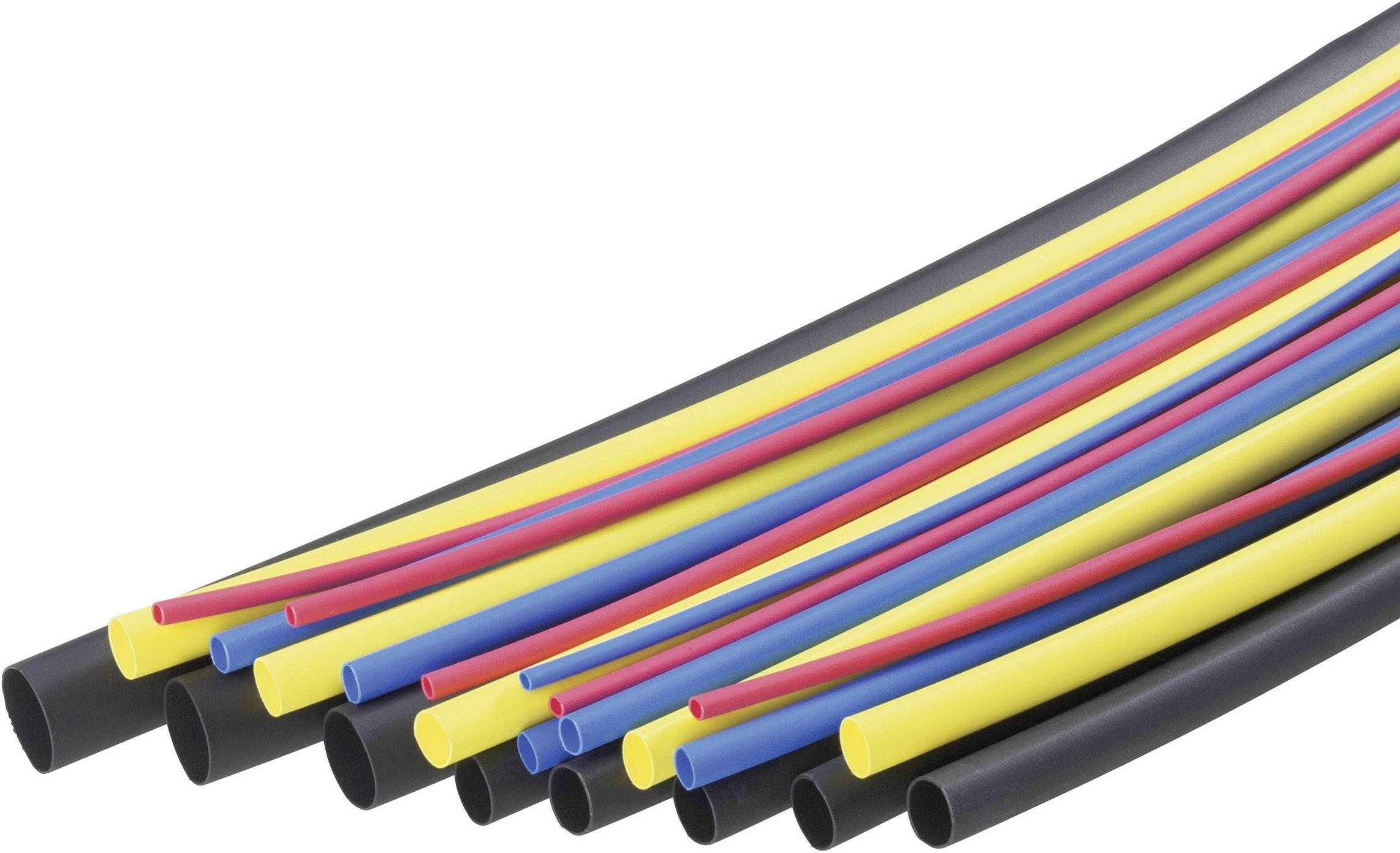 Colourful heat-shrink tubing in various colours and sizes, arranged neatly side by side, used for electrical insulation.