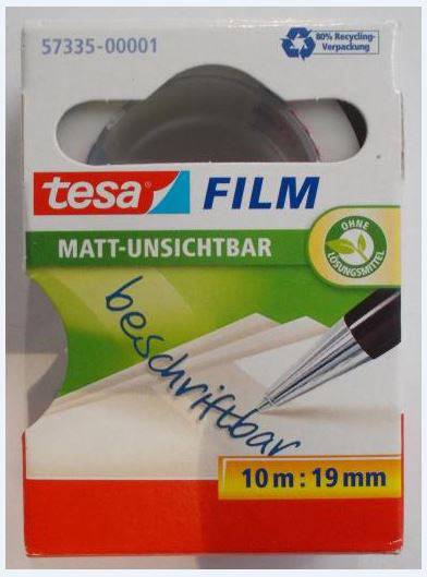 Packaging for a Tesa film roll, matt-invisible, writable, dimensions 10m x 19mm, environmentally friendly with recycling symbol.