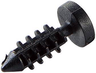 Black plastic fixing clip with a round head and ribbed shaft for secure anchoring in pre-drilled holes.