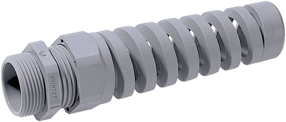 Grey cable gland with spiral protection, suitable for bundling and relieving strain on cables, industrial design.