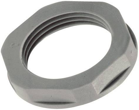 Metal hexagonal nut with thread, used for securing or connecting components.